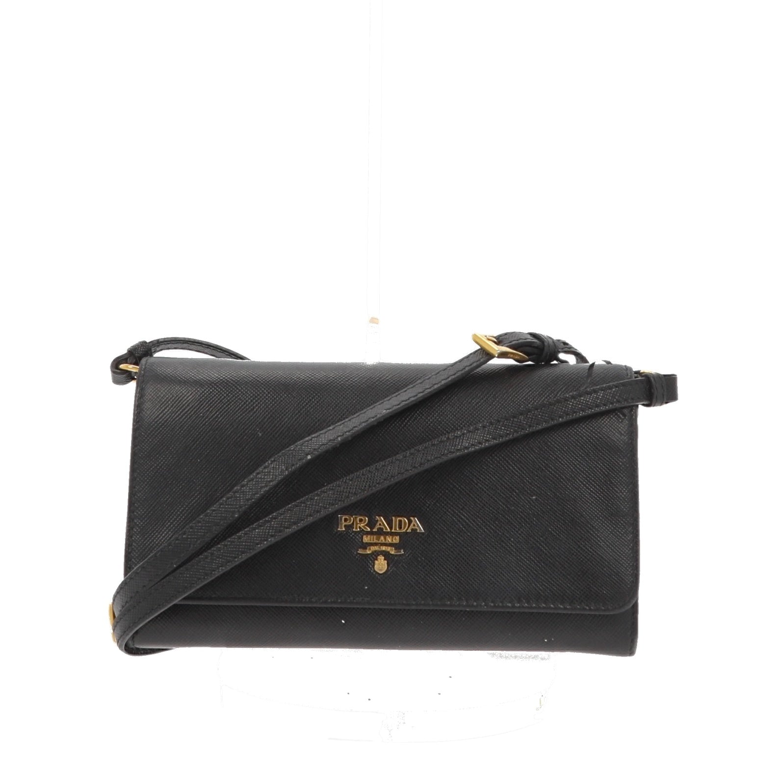 Prada Chain Pochette Long Wallet Black Gold Color Saffiano Leather Ladies